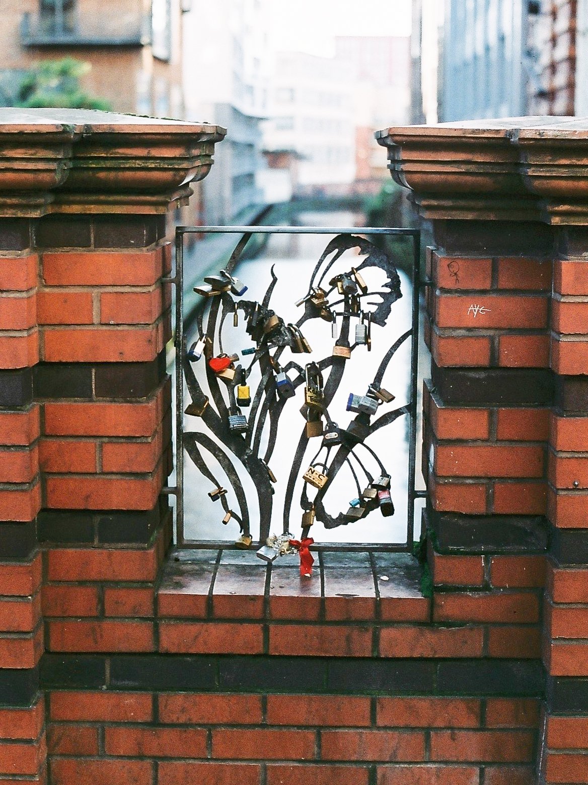 A photo of keys locked on an iron railing